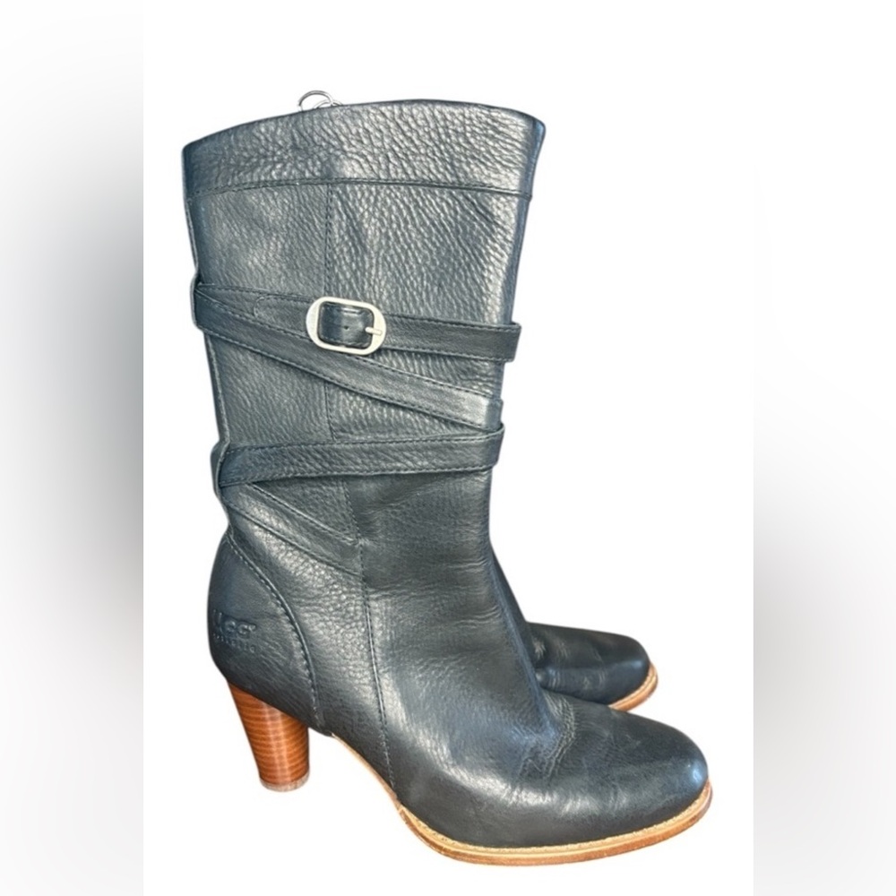 UGG “Carolina” Gorgeous Black Leather Heeled Zip up Boots With Straps size 9! - Picture 3 of 15